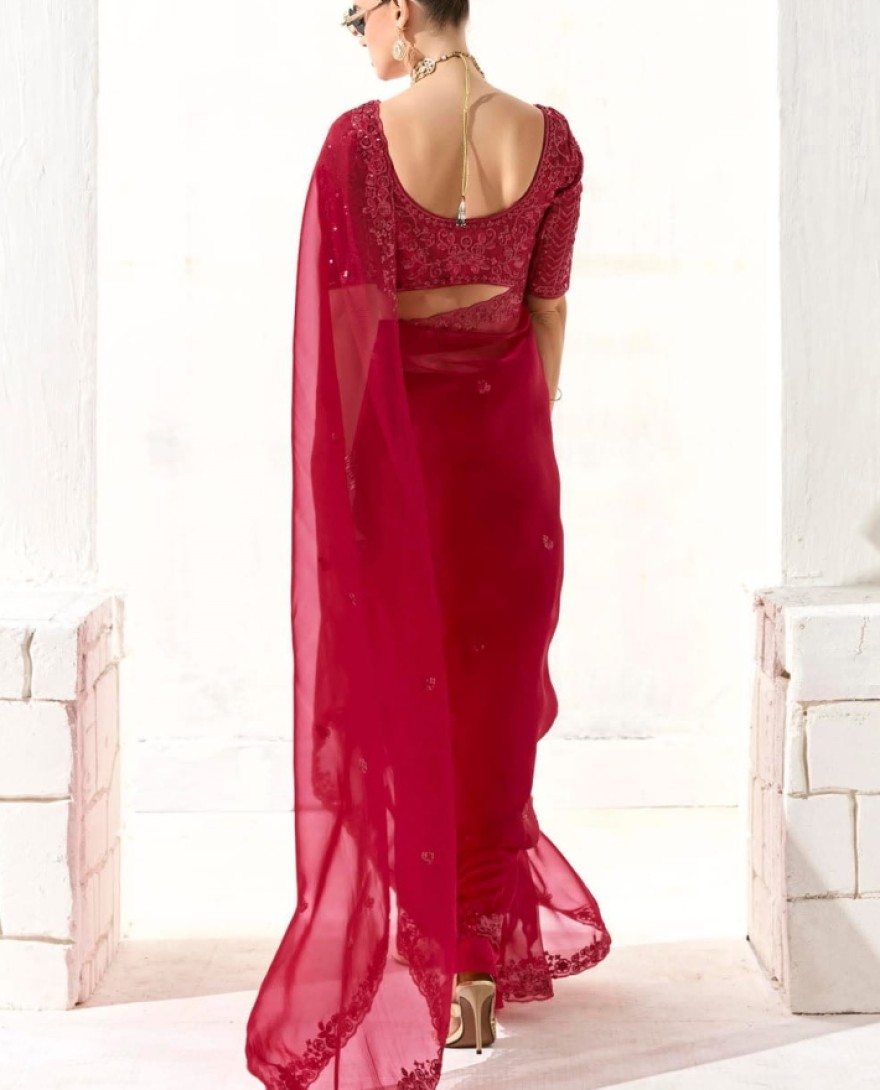 2222 - LOVELY RED SEQUINS WORK TISSUE SILK BRIDAL WEAR SAREE WITH BLOUSE